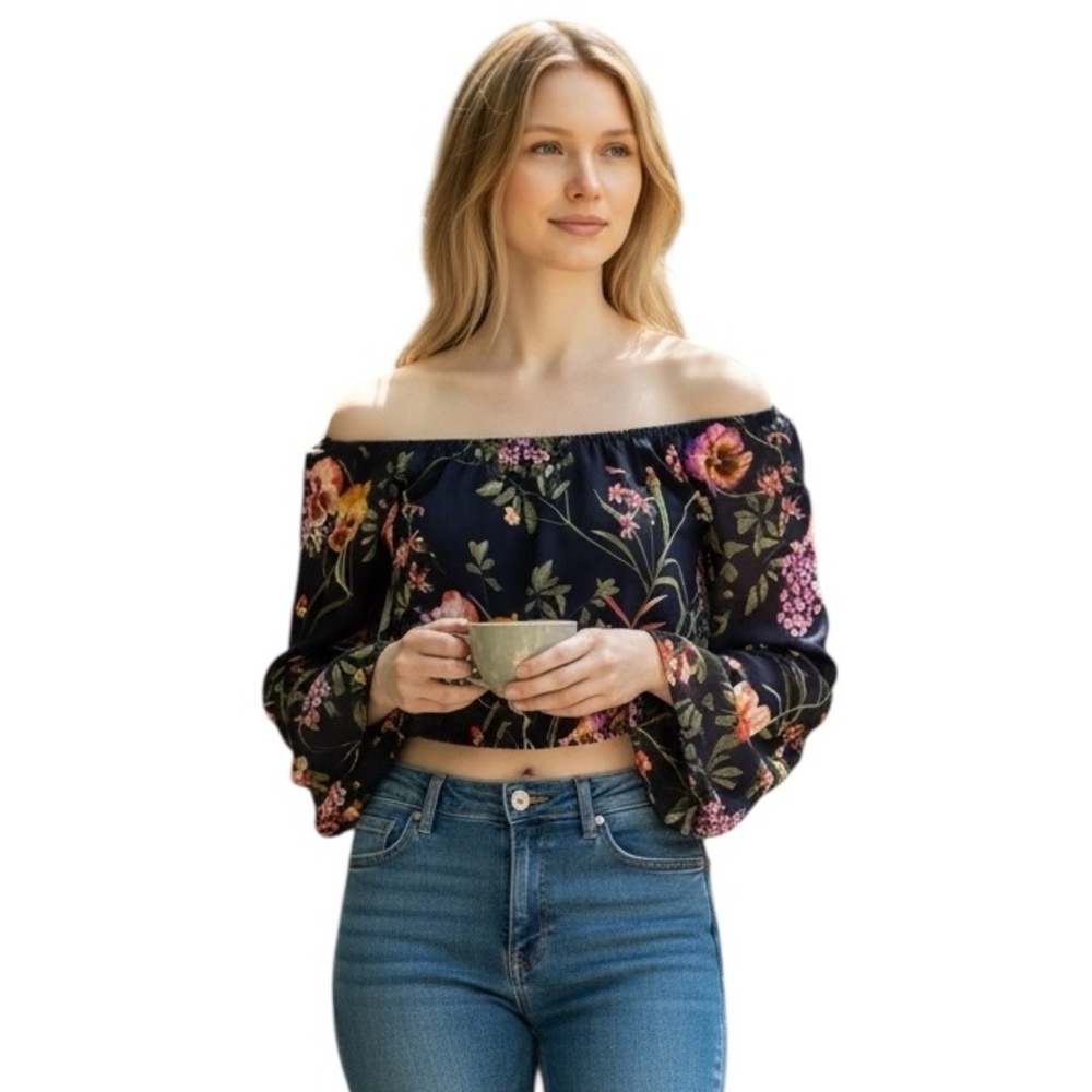 ASTR THE LABEL OFF SHOULDER FLOUNCE BELL SLEEVE FLORAL BLACK BOHO CROPPED TOP XS